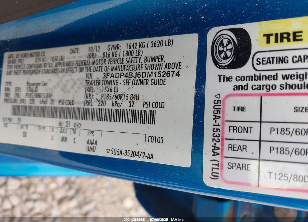 2013 FORD FIESTA VIN: 3FADP4BJ6DM152674