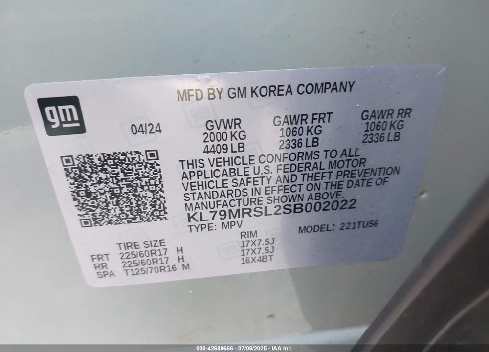 2025 CHEVROLET TRAILBLAZER VIN: KL79MRSL2SB002022