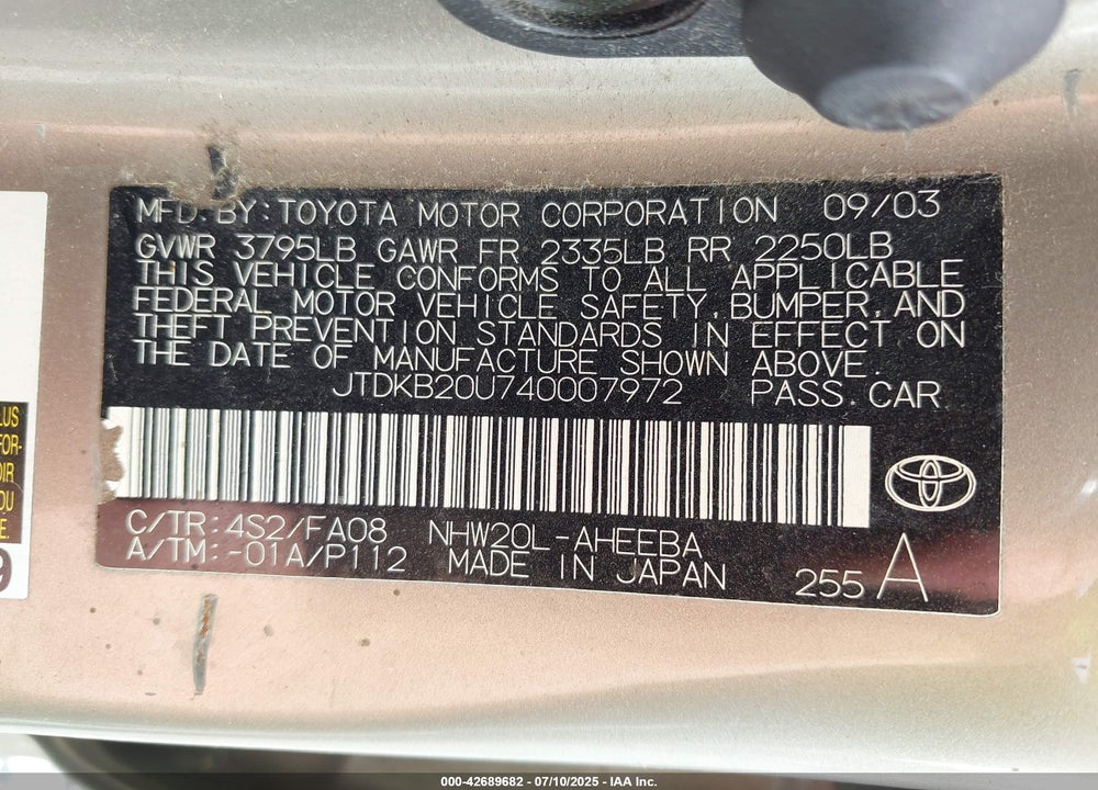 2004 TOYOTA PRIUS VIN: JTDKB20U740007972