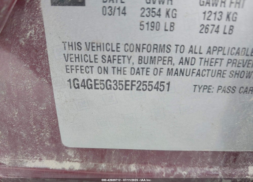2014 BUICK LACROSSE VIN: 1G4GE5G35EF255451