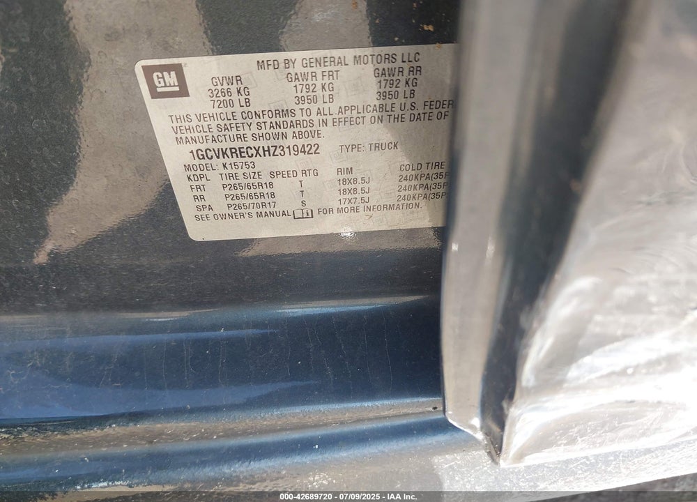 2017 CHEVROLET SILVERADO 1500 VIN: 1GCVKRECXHZ319422