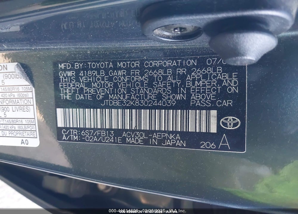 2003 TOYOTA CAMRY LE VIN: JTDBE32K830244039