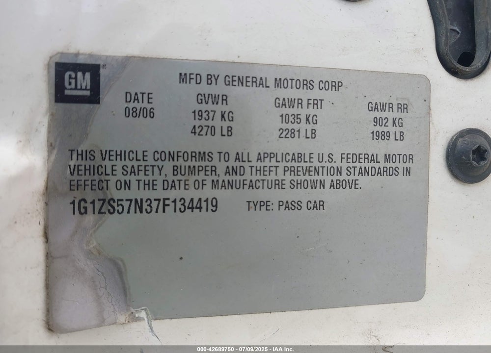 2007 CHEVROLET MALIBU LS VIN: 1G1ZS57N37F134419