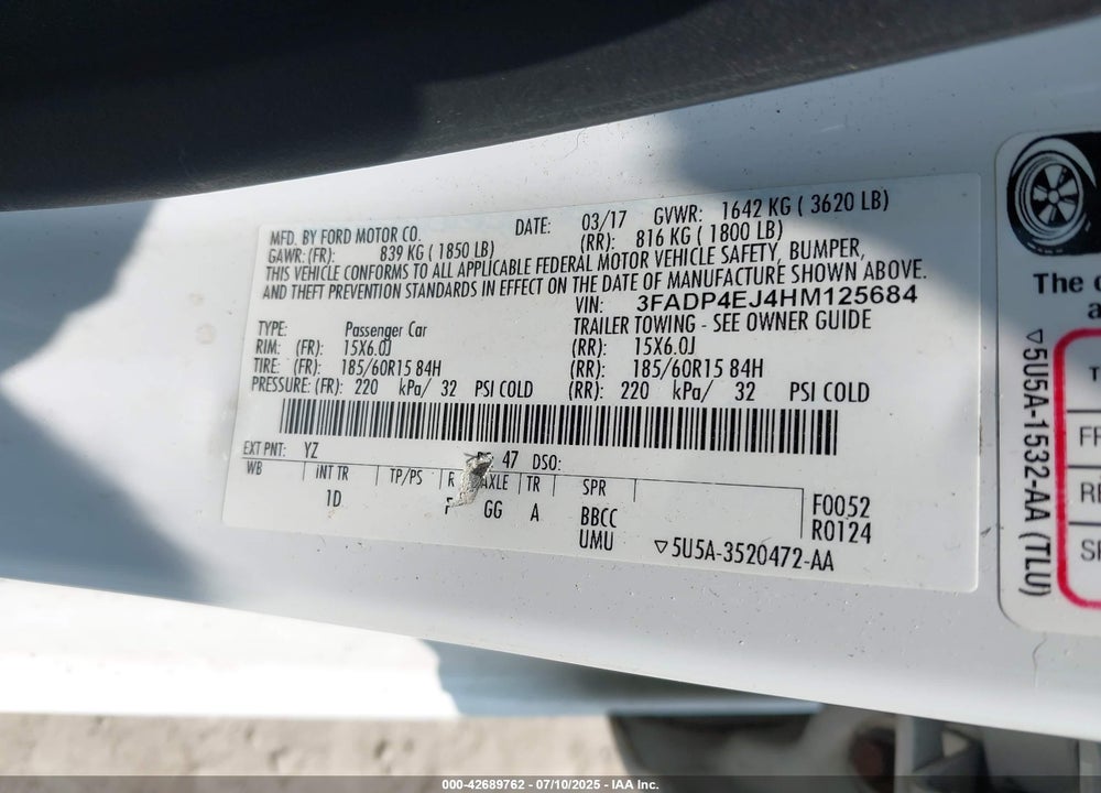 2017 FORD FIESTA VIN: 3FADP4EJ4HM125684
