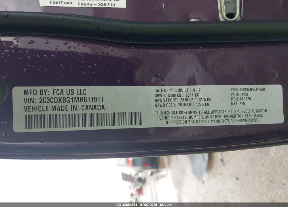2021 DODGE CHARGER VIN: 2C3CDXBG1MH611911