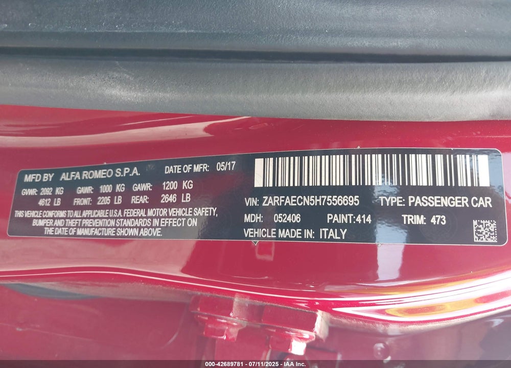 2017 ALFA ROMEO GIULIA VIN: ZARFAECN5H7556695