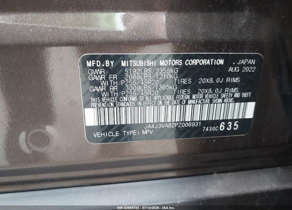 2023 MITSUBISHI OUTLANDER VIN: JA4J3VA82PZ006931