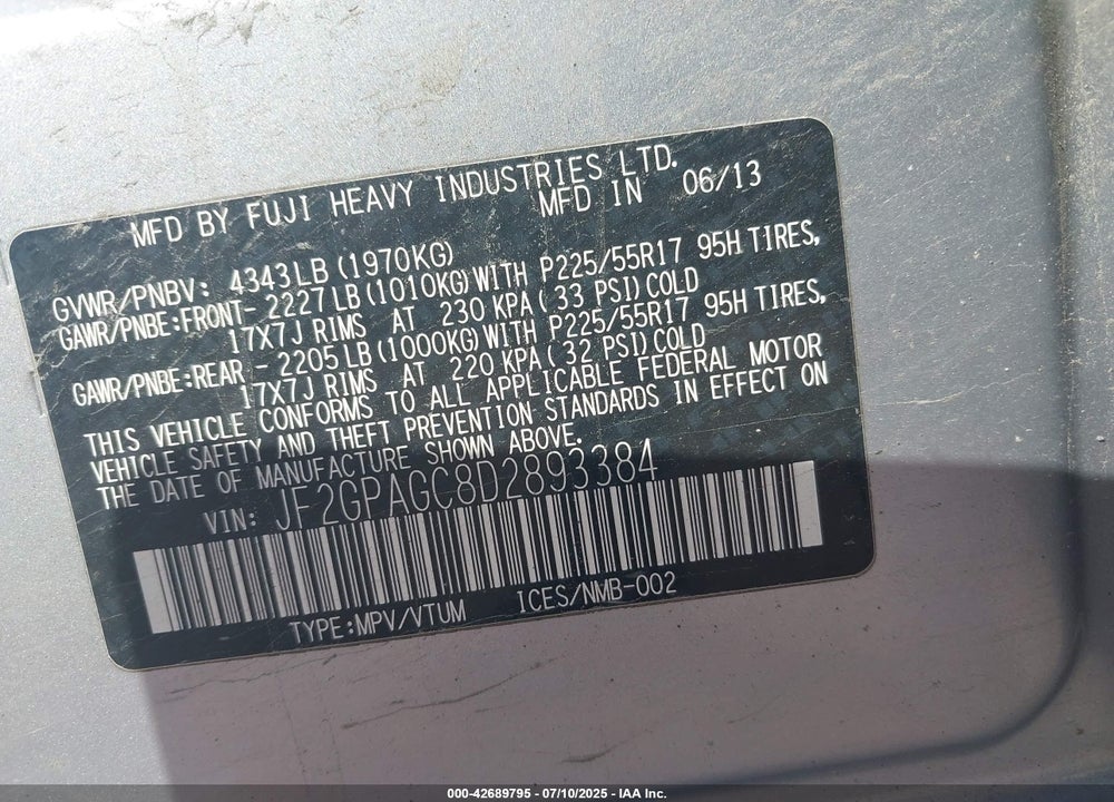 2013 SUBARU XV CROSSTREK VIN: JF2GPAGC8D2893384