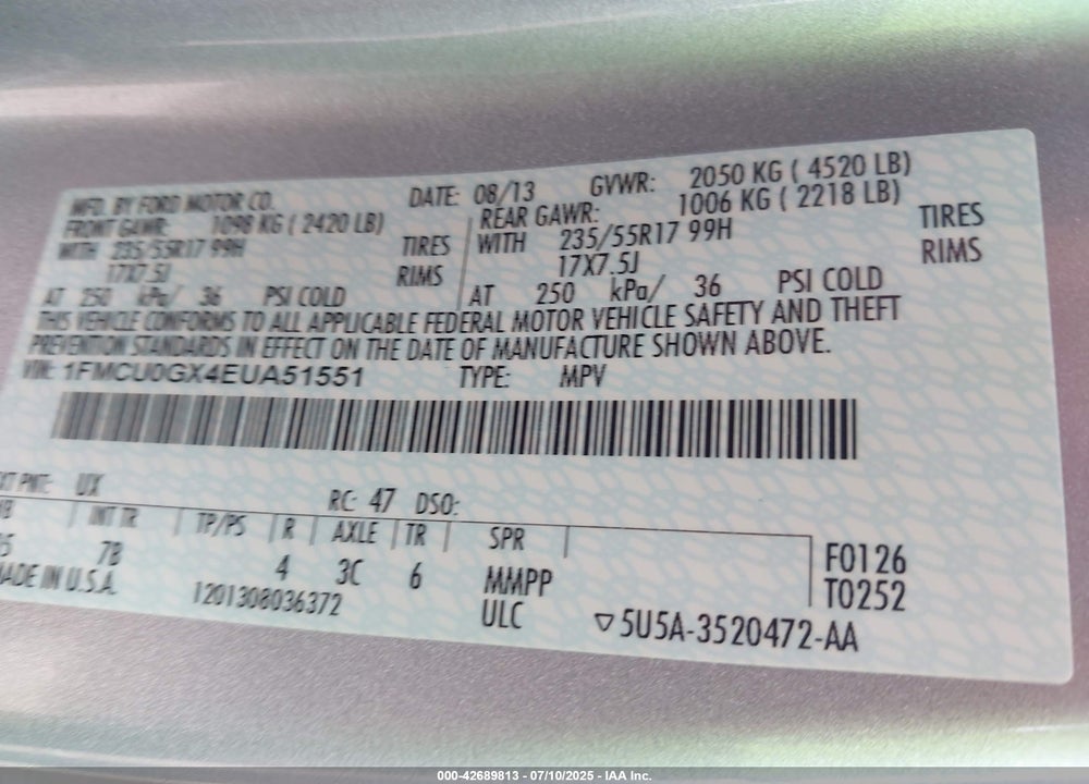 2014 FORD ESCAPE SE VIN: 1FMCU0GX4EUA51551