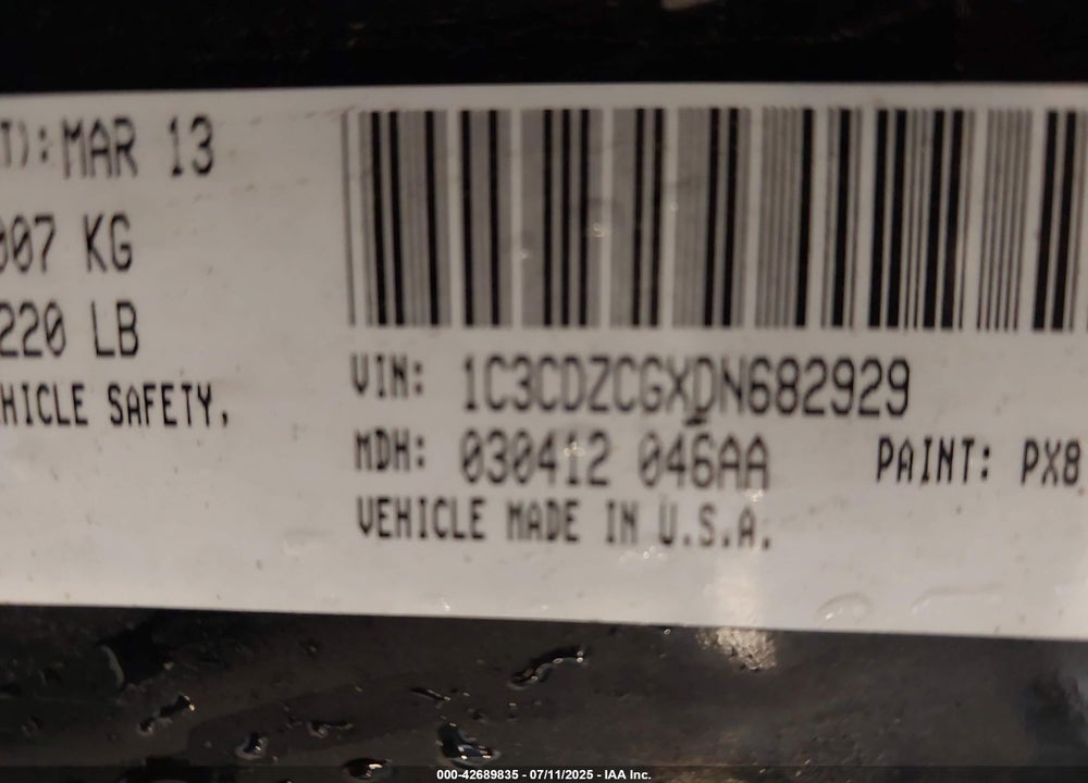 2013 DODGE AVENGER VIN: 1C3CDZCGXDN682929