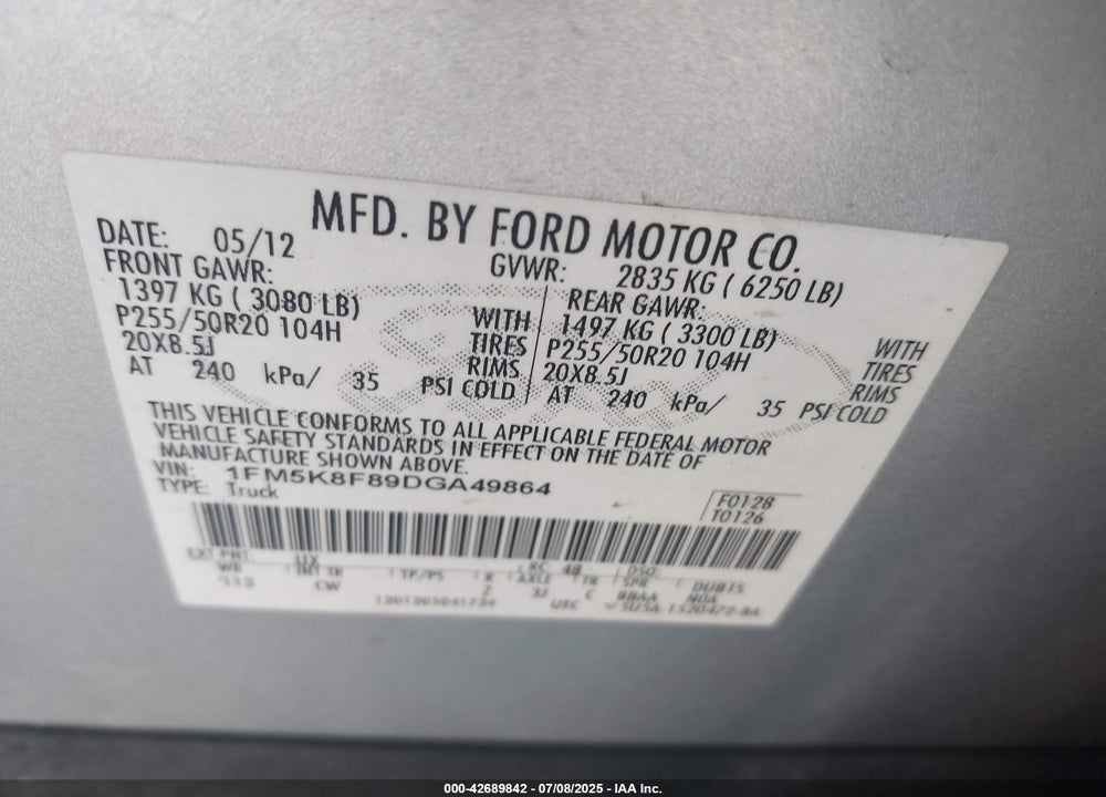 2013 FORD EXPLORER LIMITED VIN: 1FM5K8F89DGA49864