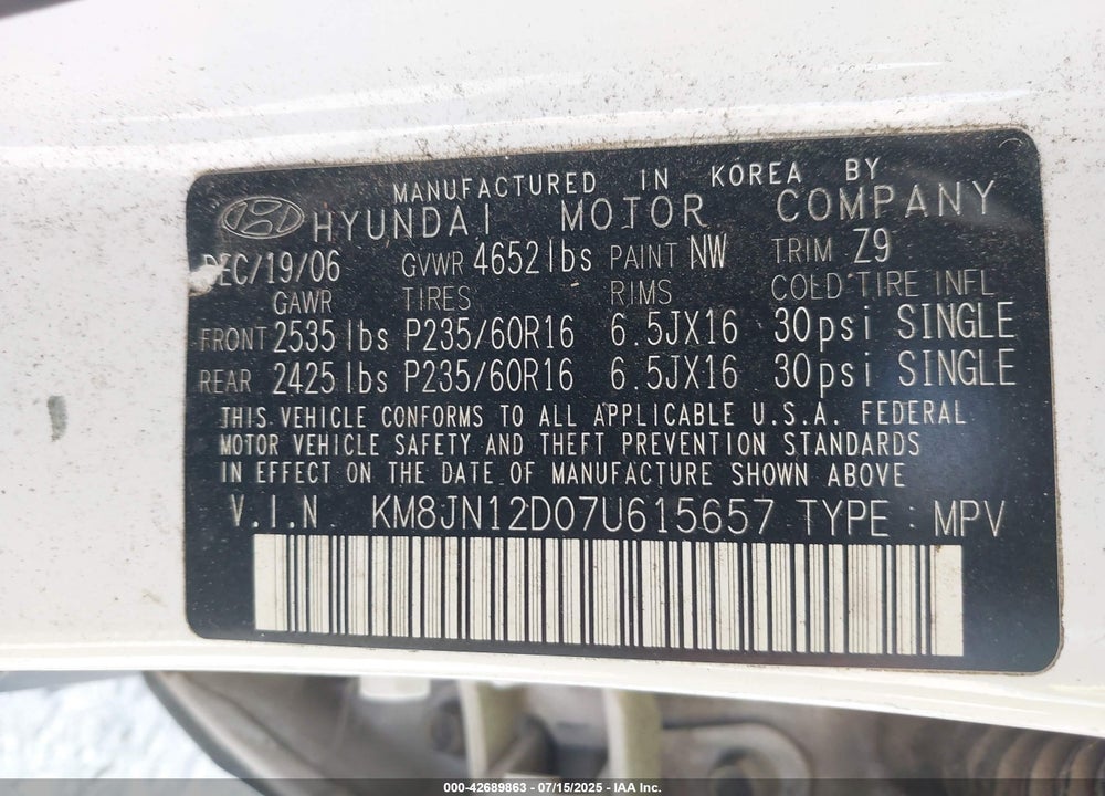 2007 HYUNDAI TUCSON VIN: KM8JN12D07U615657