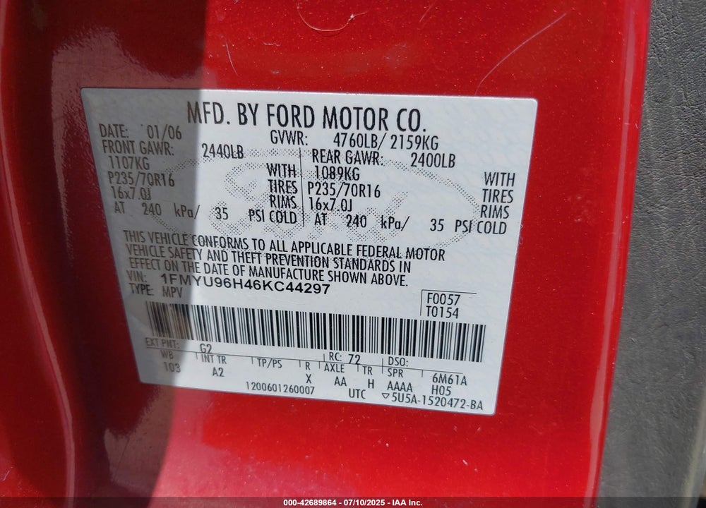 2006 FORD ESCAPE HYBRID VIN: 1FMYU96H46KC44297