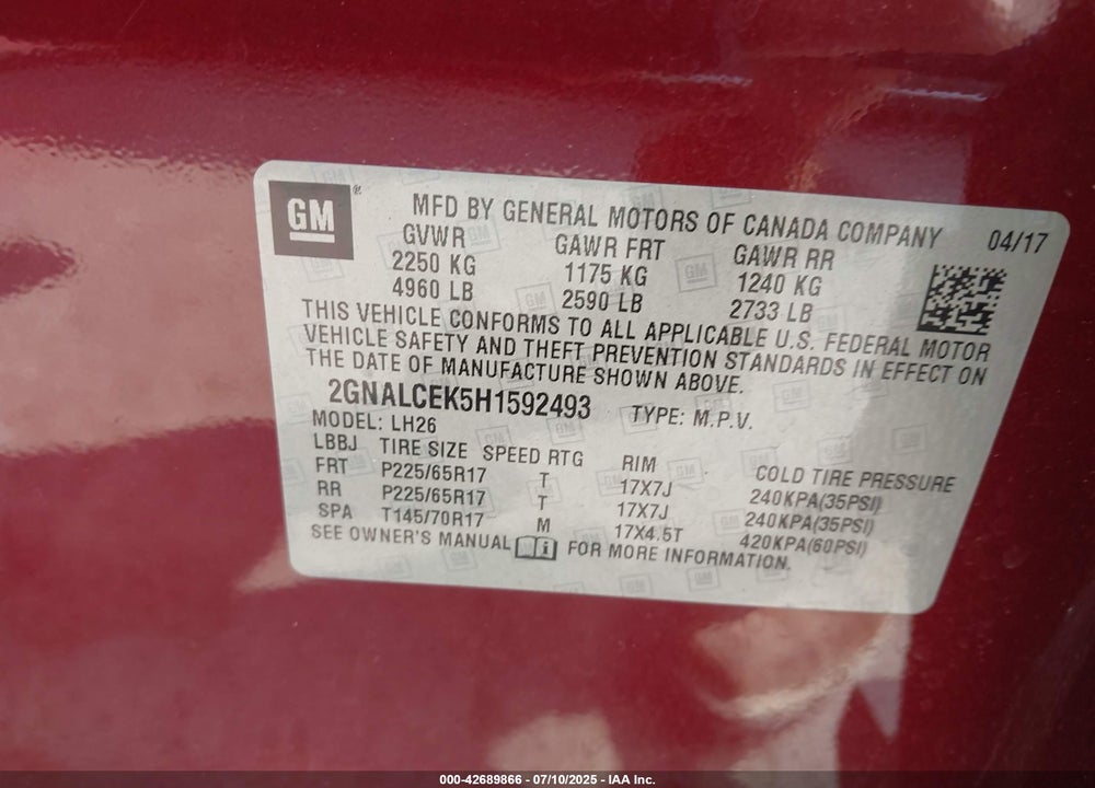 2017 CHEVROLET EQUINOX VIN: 2GNALCEK5H1592493