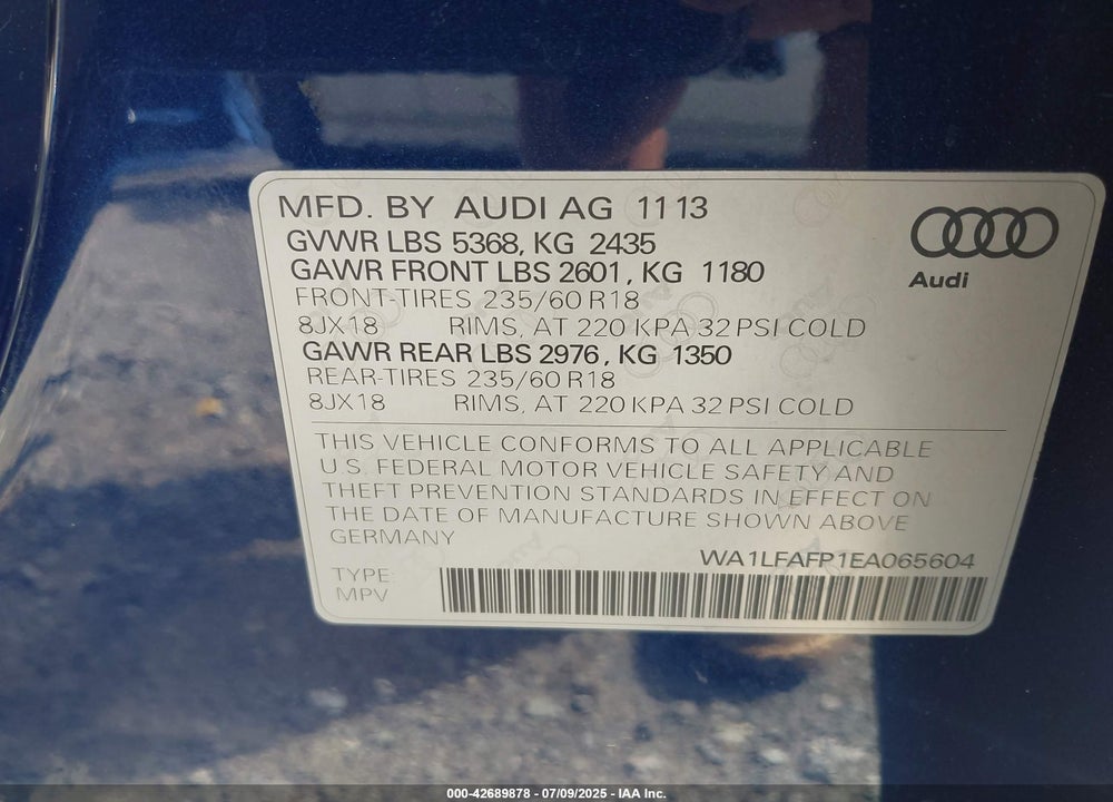 2014 AUDI Q5 VIN: WA1LFAFP1EA065604