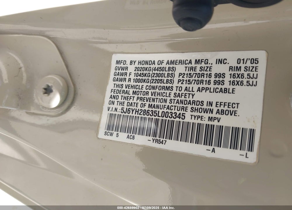 2005 HONDA ELEMENT EX VIN: 5J6YH28635L003345