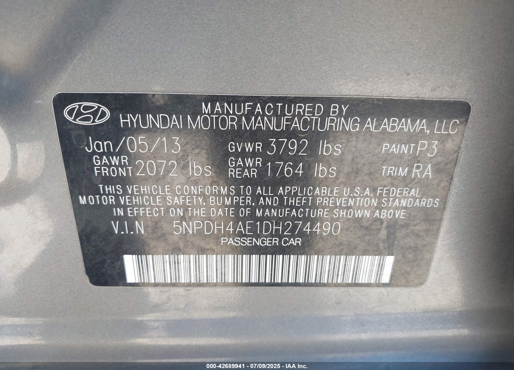 2013 HYUNDAI ELANTRA VIN: 5NPDH4AE1DH274490