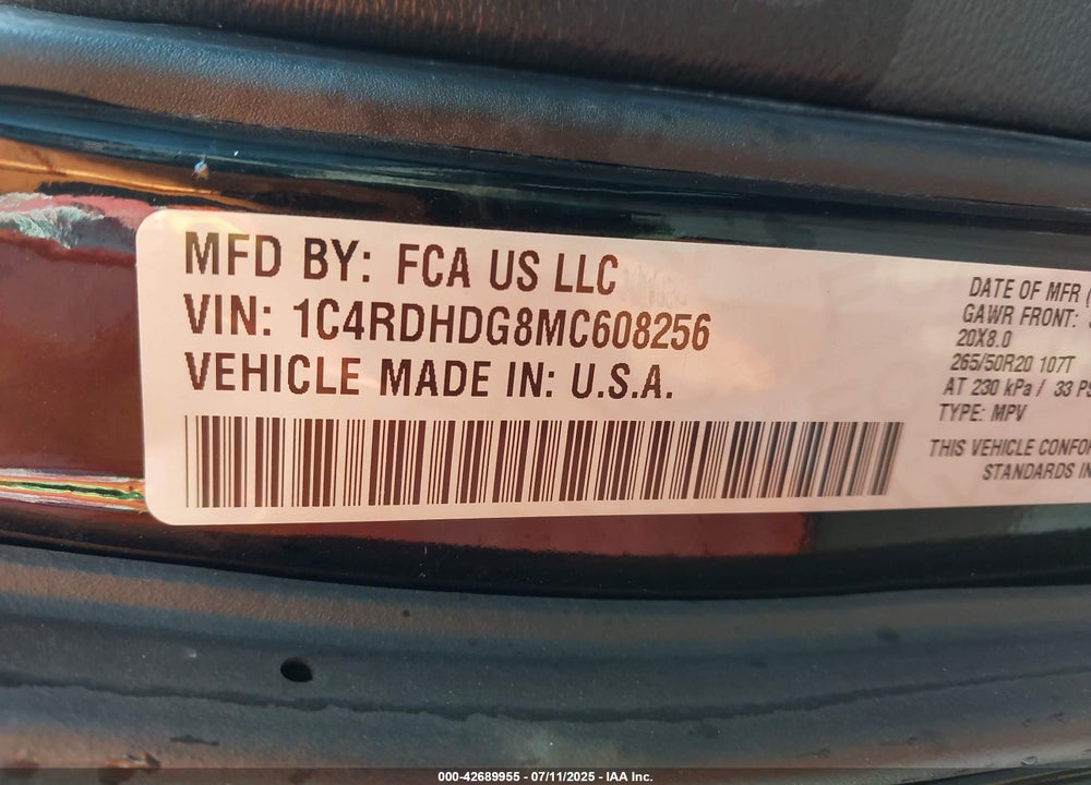2021 DODGE DURANGO VIN: 1C4RDHDG8MC608256