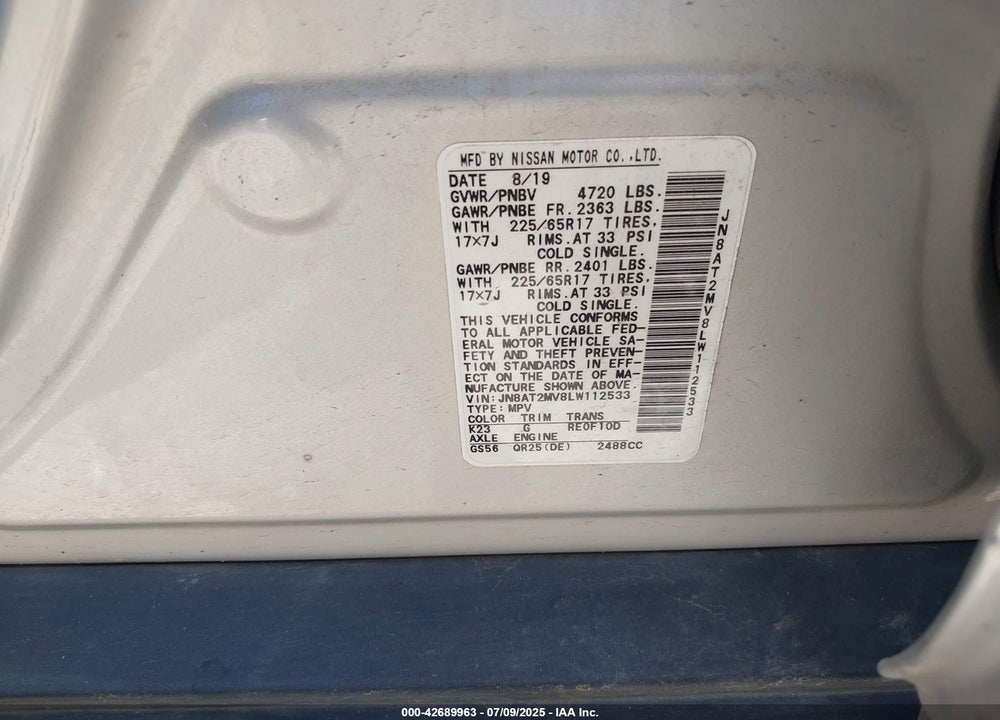 2020 NISSAN ROGUE VIN: JN8AT2MV8LW112533