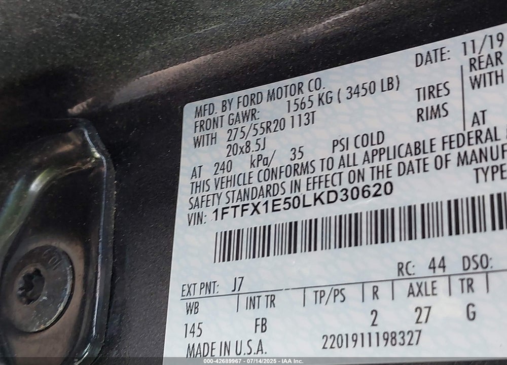 2020 FORD F-150 XLT VIN: 1FTFX1E50LKD30620