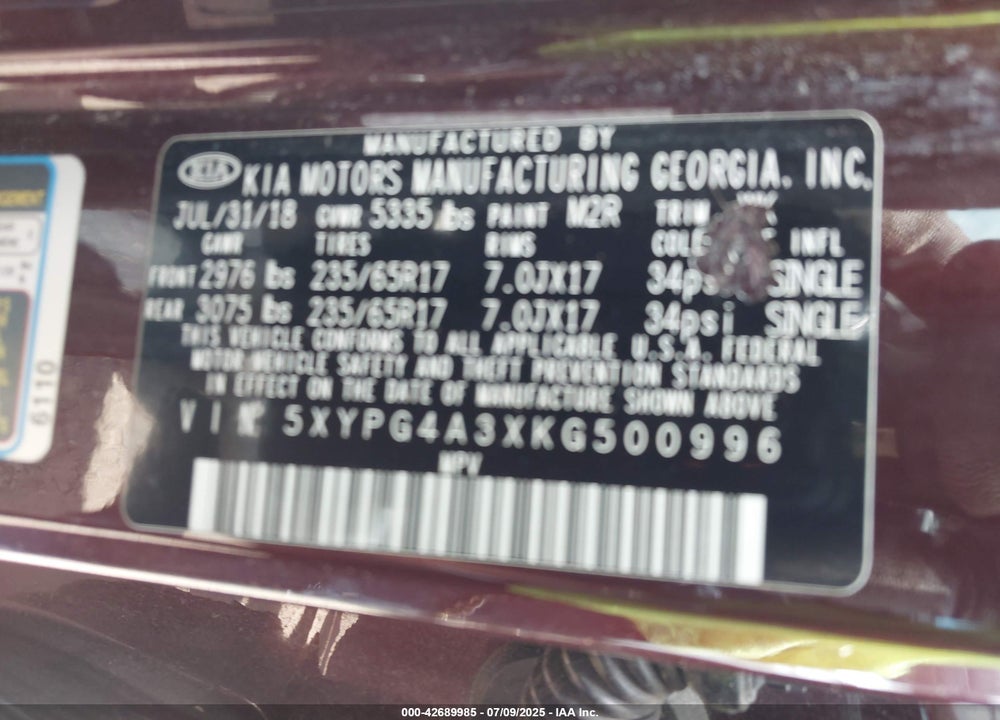 2019 KIA SORENTO VIN: 5XYPG4A3XKG500996