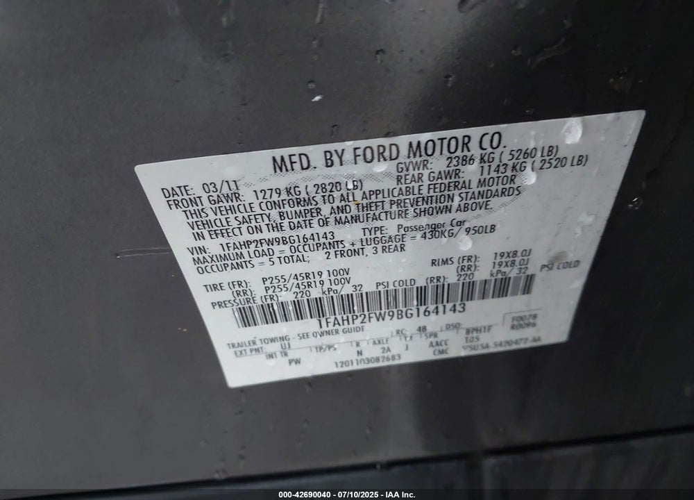 2011 FORD TAURUS VIN: 1FAHP2FW9BG164143