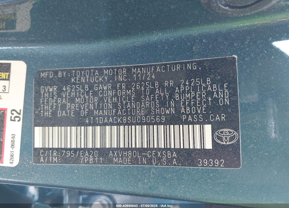 2025 TOYOTA CAMRY SE VIN: 4T1DAACK8SU090569