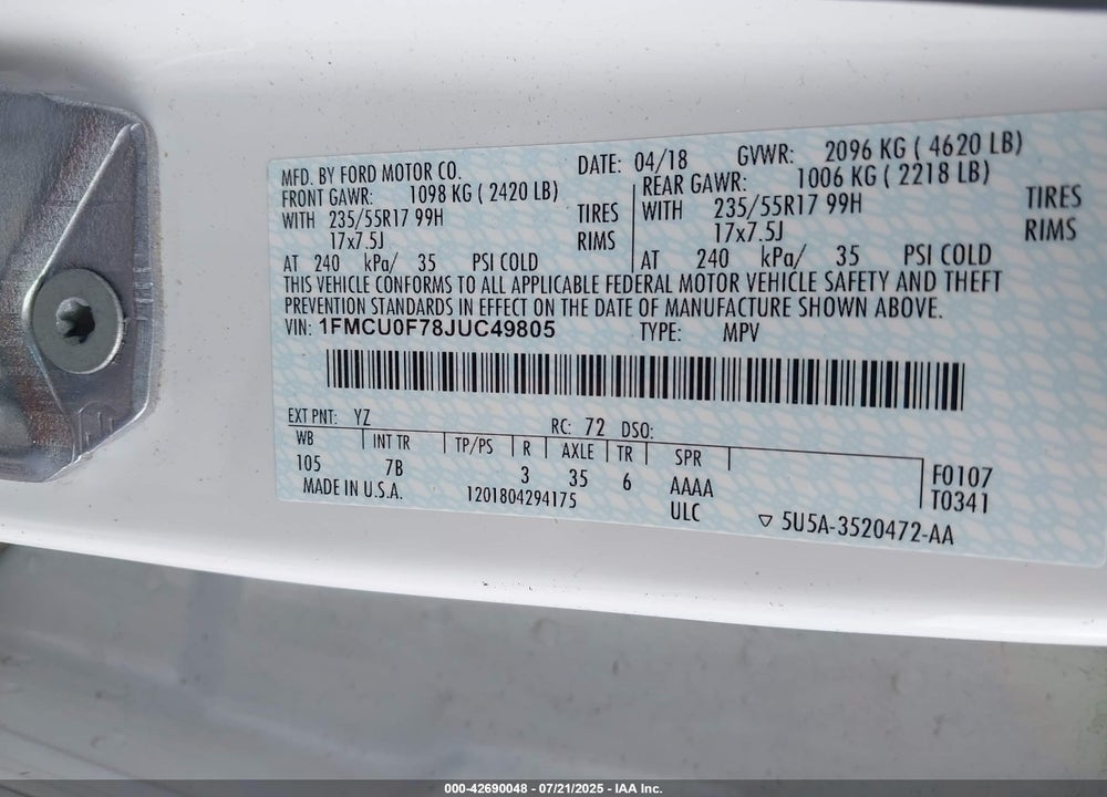 2018 FORD ESCAPE VIN: 1FMCU0F78JUC49805