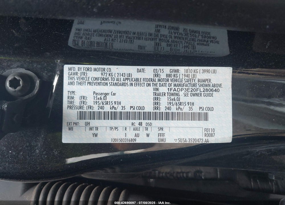 2015 FORD FOCUS S VIN: 1FADP3E20FL280640