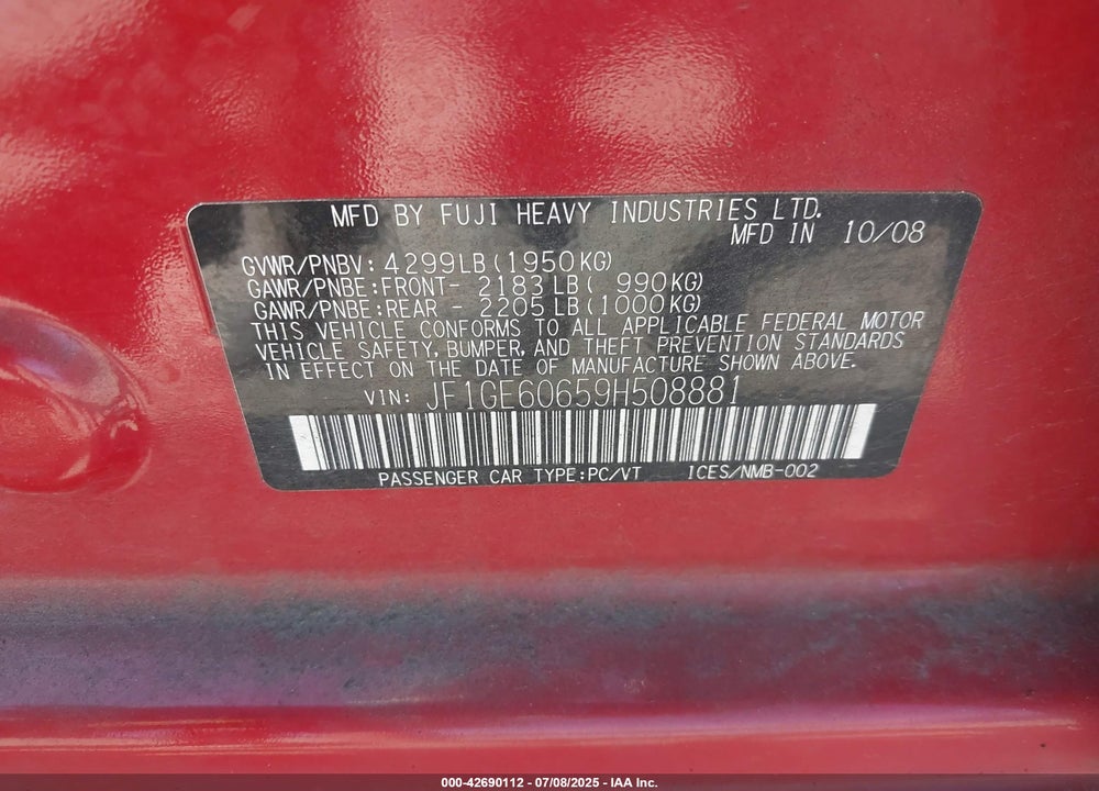 2009 SUBARU IMPREZA VIN: JF1GE60659H508881
