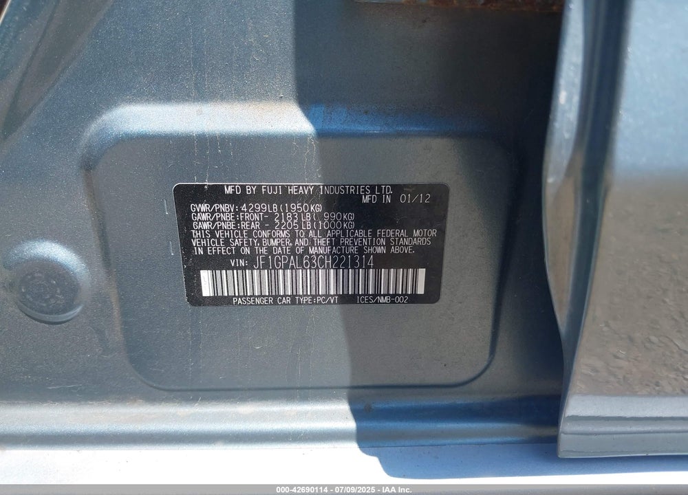 2012 SUBARU IMPREZA VIN: JF1GPAL63CH221314