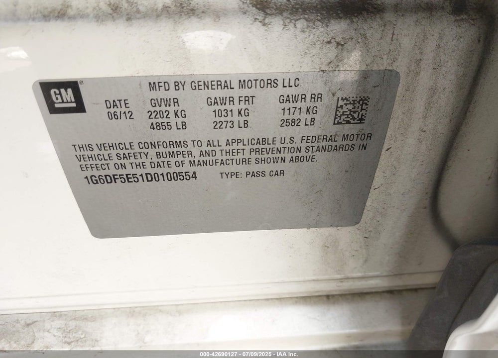 2013 CADILLAC CTS VIN: 1G6DF5E51D0100554