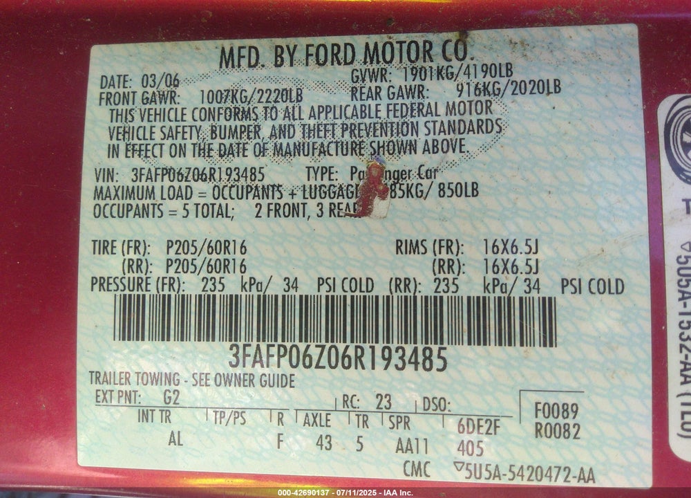 2006 FORD FUSION S VIN: 3FAFP06Z06R193485