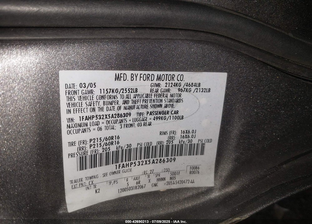 2005 FORD TAURUS SE VIN: 1FAHP532X5A286309