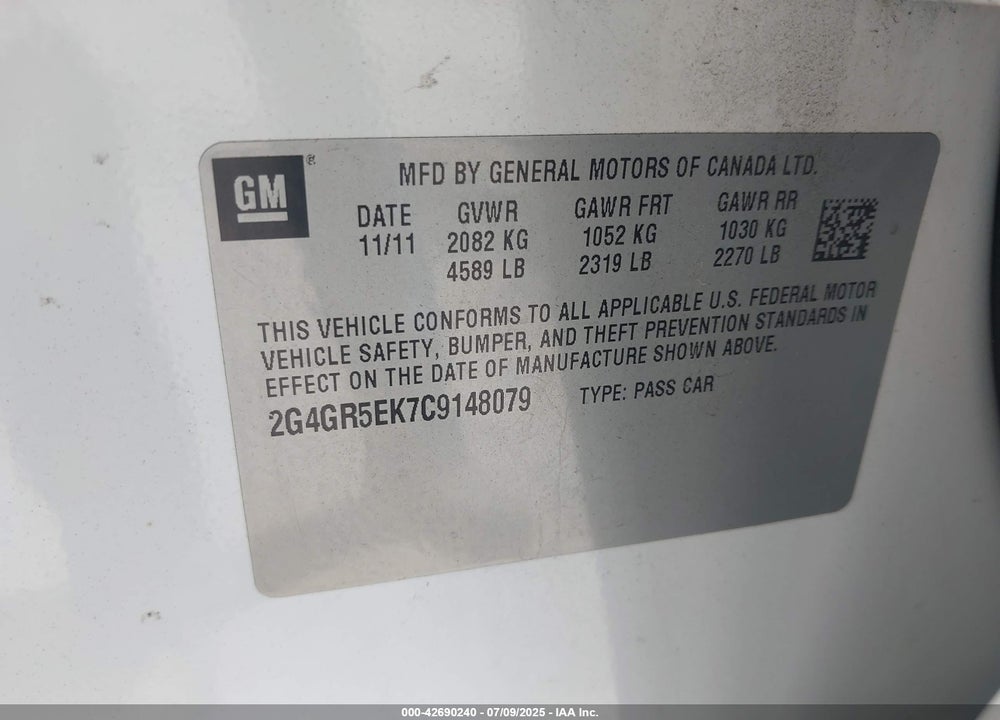2012 BUICK REGAL VIN: 2G4GR5EK7C9148079