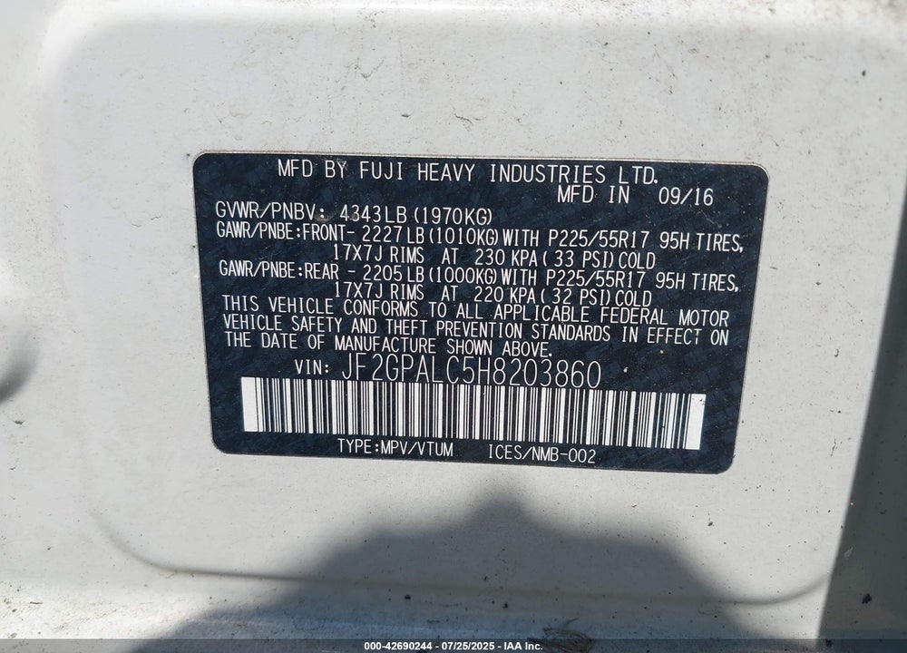 2017 SUBARU CROSSTREK VIN: JF2GPALC5H8203860