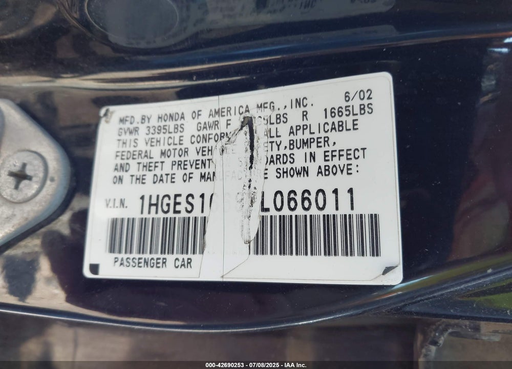 2002 HONDA CIVIC LX VIN: 1HGES16682L066011