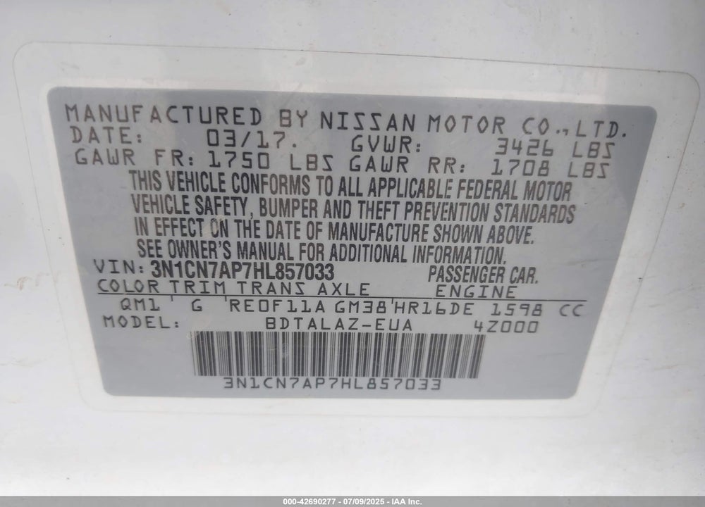 2017 NISSAN VERSA VIN: 3N1CN7AP7HL857033