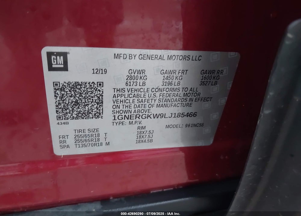 2020 CHEVROLET TRAVERSE VIN: 1GNERGKW9LJ185466