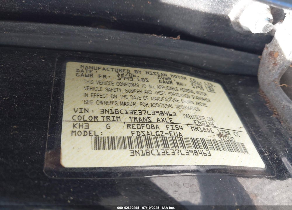 2007 NISSAN VERSA VIN: 3N1BC13E37L398463