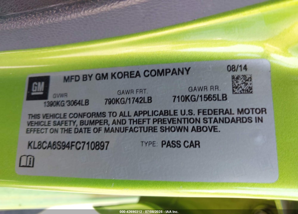 2015 CHEVROLET SPARK VIN: KL8CA6S94FC710897