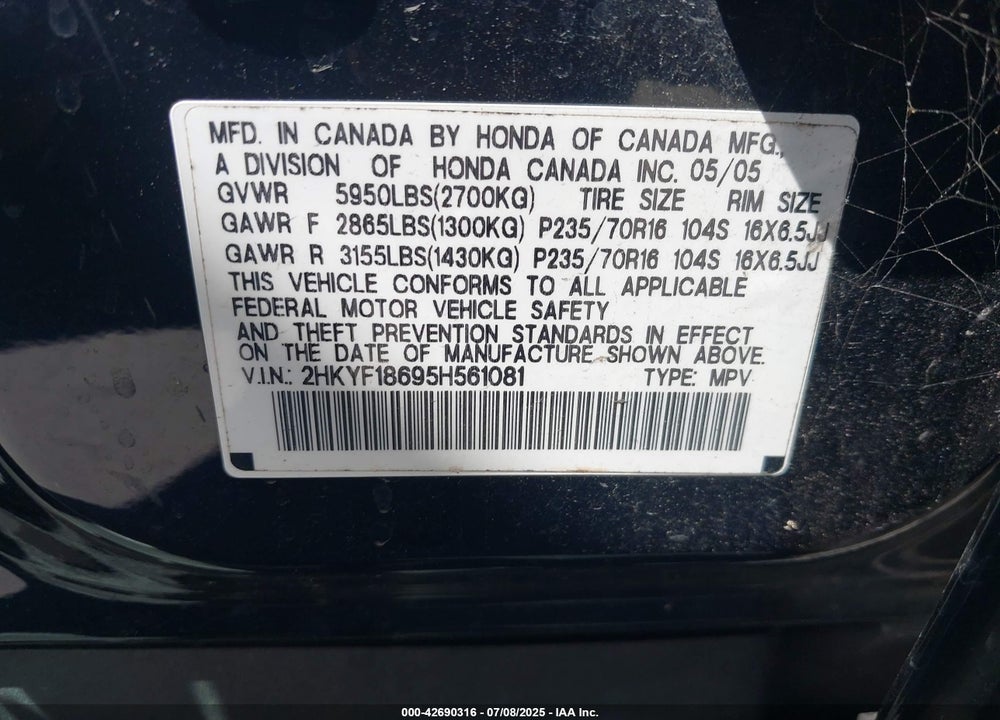 2005 HONDA PILOT EX-L VIN: 2HKYF18695H561081