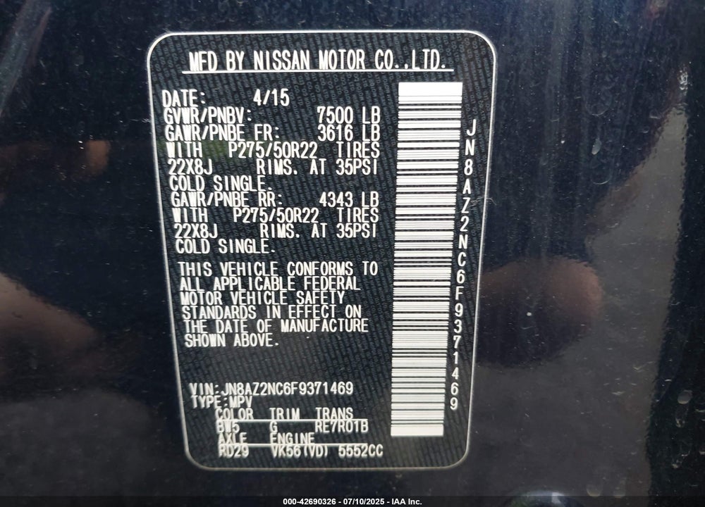 2015 INFINITI QX80 VIN: JN8AZ2NC6F9371469