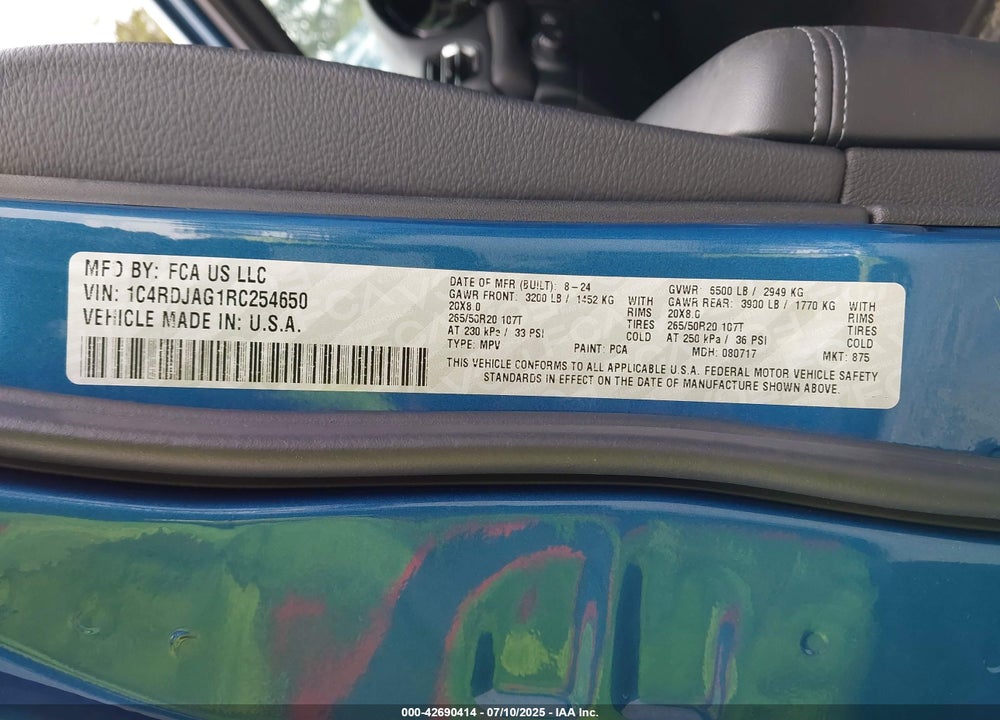 2024 DODGE DURANGO VIN: 1C4RDJAG1RC254650