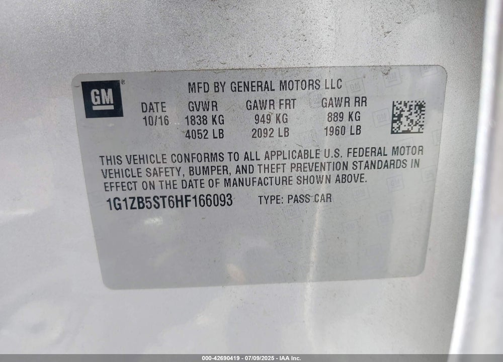 2017 CHEVROLET MALIBU LS VIN: 1G1ZB5ST6HF166093