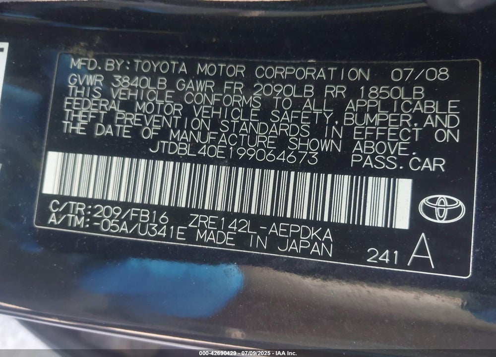 2009 TOYOTA COROLLA VIN: JTDBL40E199064673