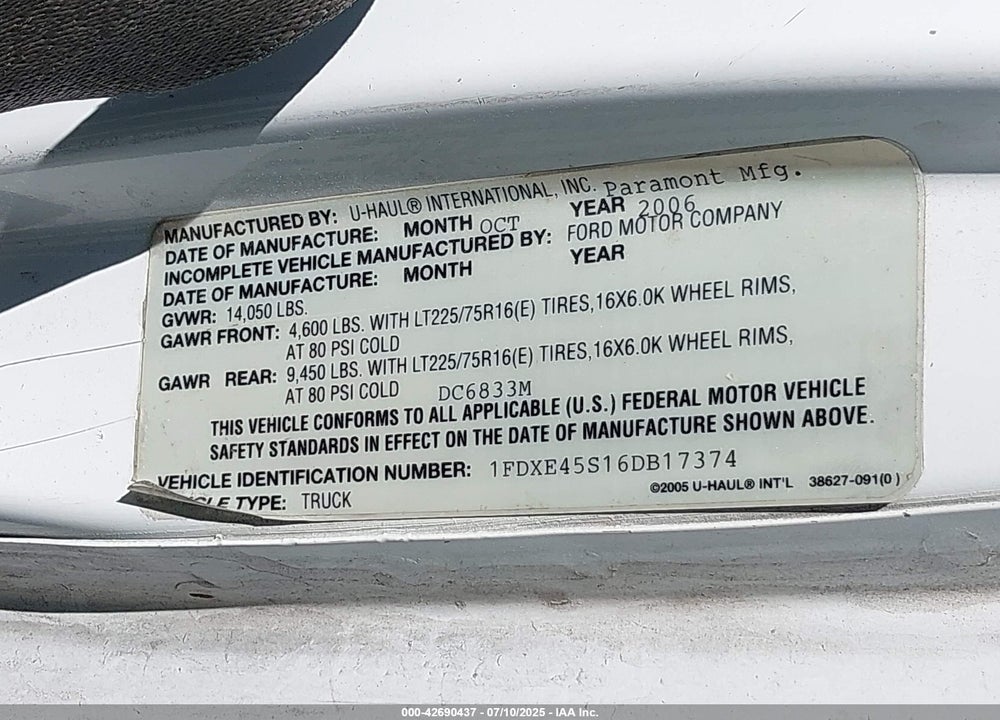 2006 FORD E-450 CUTAWAY VIN: 1FDXE45S16DB17374