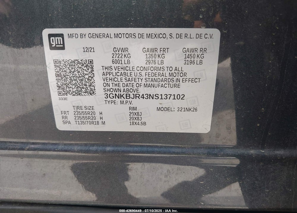2022 CHEVROLET BLAZER VIN: 3GNKBJR43NS137102