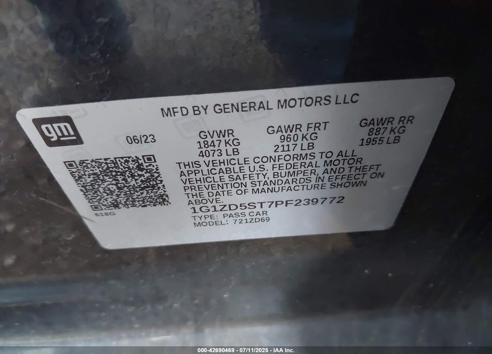 2023 CHEVROLET MALIBU VIN: 1G1ZD5ST7PF239772