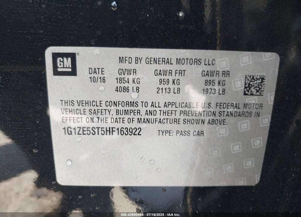 2017 CHEVROLET MALIBU 1LT VIN: 1G1ZE5ST5HF163922
